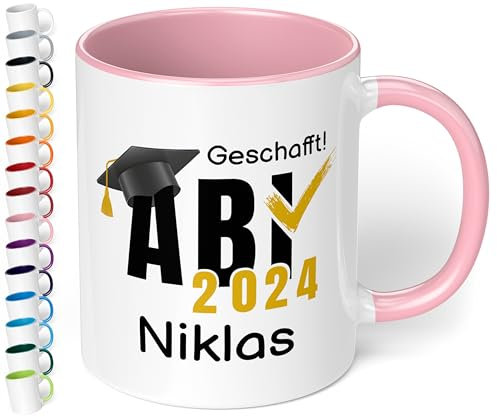 Tasse zum Abitur 2025: „ABI 2025 - Geschafft! Wunschname“ - Kaffeetasse mit Namen personalisiert - Geschenke zum Abitur, Abschlussgeschenk, Geschenk zur bestandenen Prüfung, Rosa