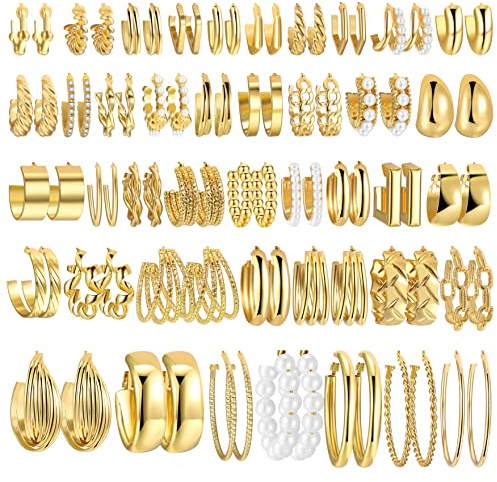 42 Pairs Gold Hoop Earrings Set for Women, Fashion Chunky Pearl Earrings Multipack Twisted Statement Earring Pack, Hypoallergenic Small Big Hoops Earrings for Birthday Party (Gold-42 pairs)