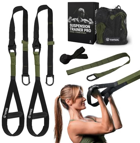 THYSOL® Resistance Trainer Pro Xtreme Straps Army | Schlingentrainer Set mit verstellbarem Türanker | Fitness Home Workouts - Geeignet für Reisen & für Training Indoor & Outdoor (Armeegrün)
