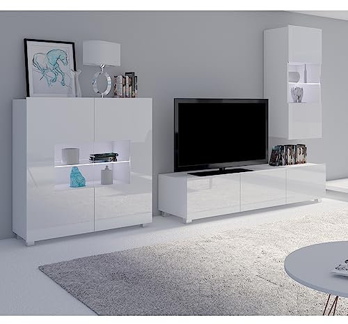 Lomadox Wohnwand Anbauwand weiß Hochglanz 3-teilig Modern, mit 1 TV-Lowboard, 1 Hängevitrine, 1 Highboard