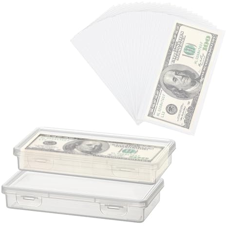 2 PCS Plastic Storage Case with 100 PCS Clear Paper Money Holder, Thicken Currency Collection Sleeves Protector Bag with Money Storage Box Banknotes Protector Slab Holder, 7.1 x 3.2 x 1.2 inch