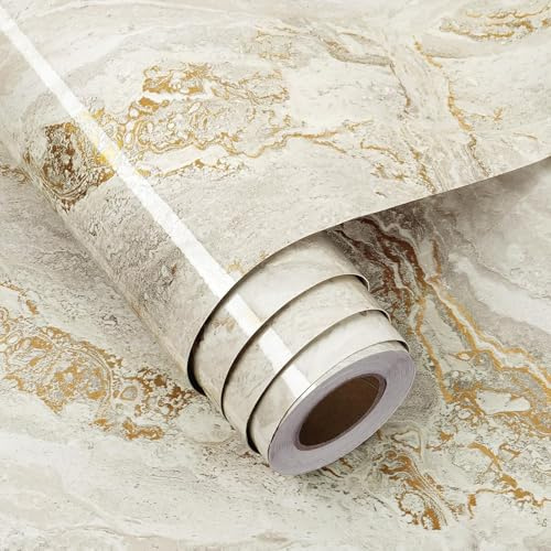 FunStick 90 cm × 5 m självhäftande tapeter, beige, guld, glansig marmortapet för kök, klibbig baksida, plastrulle, beige, marmoreffekt, vinyl, möbelomslag, kök, vinylwrap för bänkskiva, kräm, guld