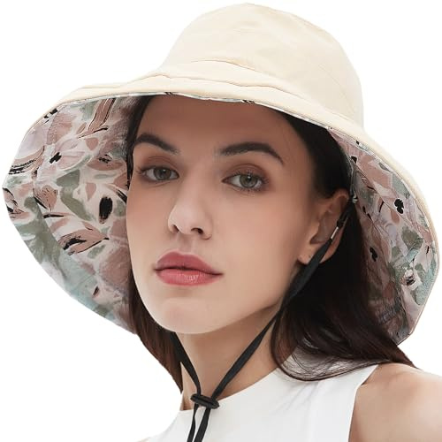 PHILIGHTS 100% Cotton Women Sun Hats Wide Brim Gardening Bucket Hat Travel Sun Protection Packable Womens Beach Hat -Fold-UP Brim, Beige+Flower, 5