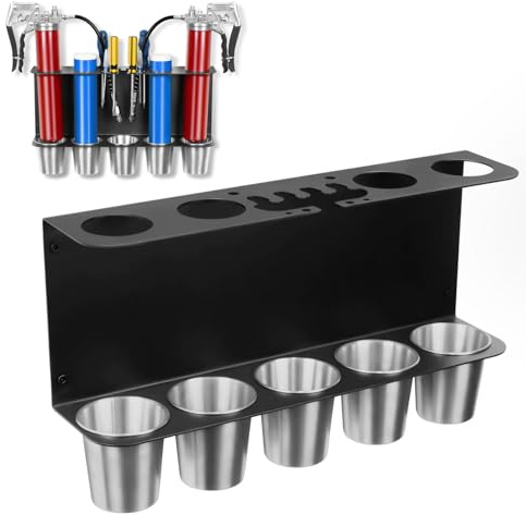 Gavinjitao Grease Gun Holder, Wall Mount Storage Rack Compatible with 2 Grease Guns Organizer with 5 Removable Drip Cups for Garage and Shop Workshop Storage Black