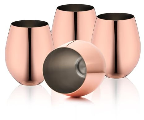 WOTOR Lot de 4 verres à vin sans pied en acier inoxydable, 532 ml gobelets à vin incassables en métal élégant pour l'extérieur, les voyages, le camping et la piscine (Rose Doré)