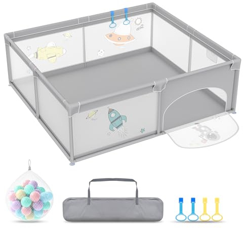 Aufun Parque infantil de tela Oxford 300D, con barrera de espuma anticolisión, pelotas, anillos de tracción, red transpirable, cremallera, parque infantil para interiores (gris, 180 x 200 cm)