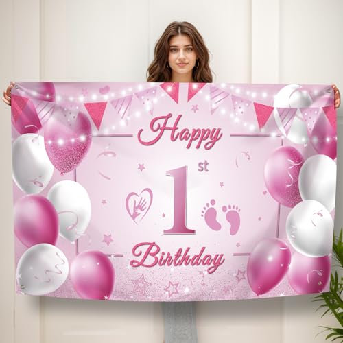 Koliphy Striscione per il primo compleanno per ragazze, sfondo portatile extra large, sfondo decorativo per feste di bambino (rosa)