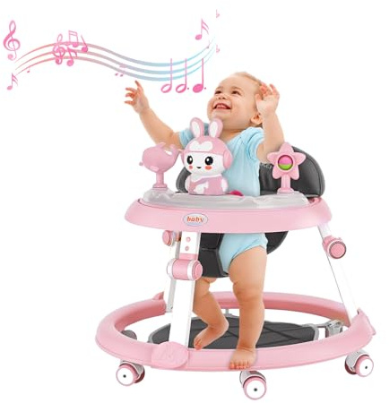 tinysiry Walker pieghevole per bambini, 7 livelli di altezza per bambini, attività con ruote mute e disco musicale, piccoli giocattoli poggiapiedi, Baby Activity Centre per 6-18 rosa