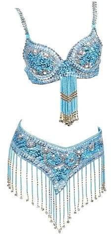 Paillette Brillant à Frangé Haut de Danse Costume de Danse 2 pièces for Femme de Style Oriental avec Soutien-Gorge et Ceinture à Paillettes et Perles(Color 8,S)