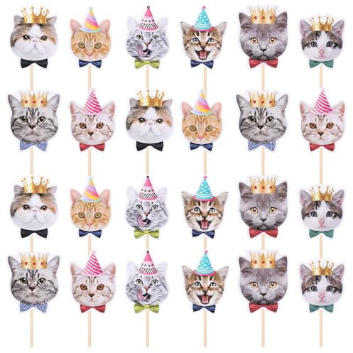 JJUNW 24 Stück Katze Geburtstag Cupcake Topper, Katzen Muffin Deko Tier Tortenaufleger Kuchen Dekoration für Katze Pet Party Kindergeburtstag Party Dekorationen