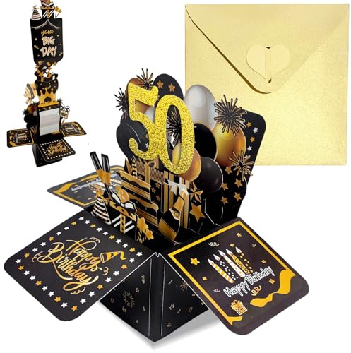 Svart guld pop up 50:e födelsedagskort för kvinnor män honom henne 50 år födelsedagspresenter, man kvinna 50-årsdag 3D pop-up gratulationskort med anteckning och kuvert för dotter son mamma pappa fru