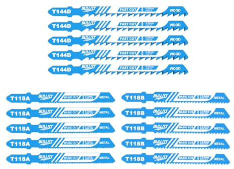 BULLITT 15-teiliges professionelles Stichsägeblatt-Set, Stichsägeblätter, 5 x T144D + 5 x T118A + 5 x T118B mit T-Schaft für geraden Schnitt auf Holz und Metall, professionelles Zubehör für Stichsägen