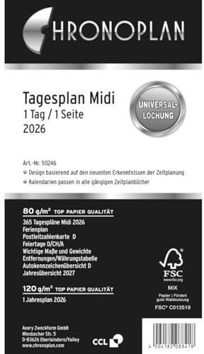 Chronoplan 50246 kalenderinlägg 2026 (dagsplan midi (96 x 172 mm), ersättningskalendarium för mötesplanerare, dagsplanerare, perfekt för detaljerad dagplanering, 1 dag på 1 sida, med universell hål