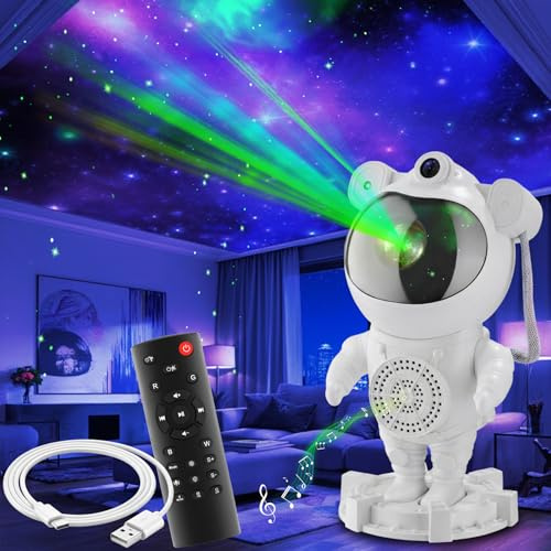 TecTake® Astronaut Galaxy Projector with 4 Colours, LED Nebulae, Moon & Star Projector with Pre-Set Sounds & Bluetooth Connection, Starry Night Light for Bedroom & Gaming Room, Incl. Remote - White