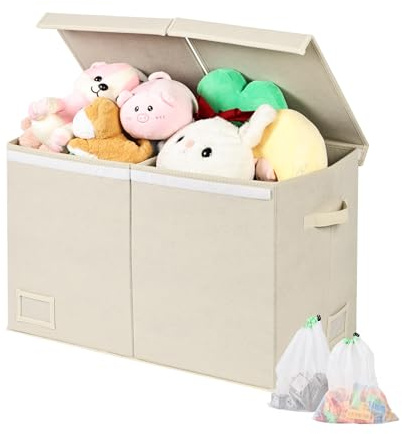 HEYCOOK Scatola di Giocattoli Large con Coperchio Ribalta per Bambini | Scatole Porta Giochi | Portagiochi Bambini Contenitori | Pieghevole con Maniglie (Beige 2 Scomparti, 72 L)