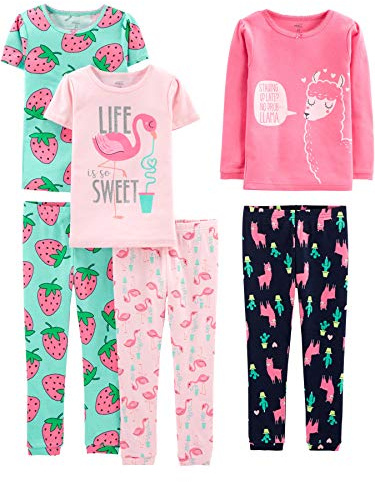 Simple Joys by Carter's Toddler Girl's 6-Piece Snug Fit Cotton Pajama Set Sleepwear, flamingo/strawberries/Llama, 4T
