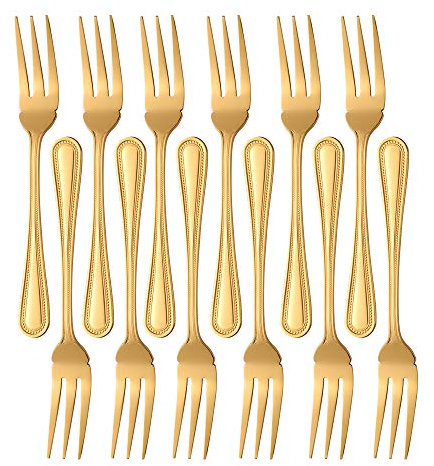Buyer Star Forchetta da Pesce in Oro, Set di 12 forchette in Acciaio Inossidabile per Cucina Domestica e Ristorante, Posate con Motivo a Pois