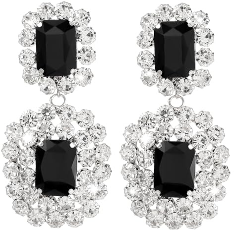 Asphire Vintage Geometric Rhinestone Drop Dangle Earrings Black Gemstone Earrings Elegant Long Statement Earrings for Women Wedding Prom Ball Jewelry (Silver)