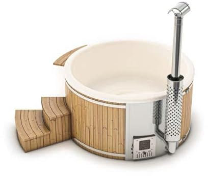 Finntherm Holz Badefass Stockholm aus Thermoholz, Hot Tub Ø 180 cm, 8 Personen, inkl. Edelstahl-Ofen (30 kW), Minibar, Schwimmbecken, Badebottich, Badezuber