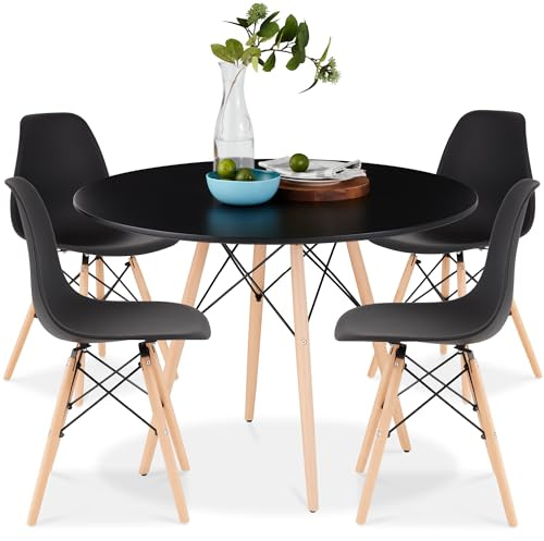 Best Choice Products 5-Piece Dining Set, Compact Mid-Century Modern Table & Chair Set for Home, Apartment w/ 4 Chairs, Plastic Seats, Wooden Legs, Metal Frame - Black/Oak