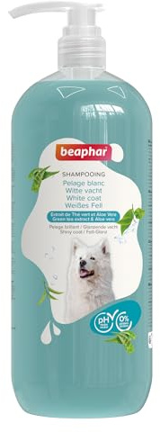 BEAPHAR – Shampooing Essentiel Pelage Blanc pour Chien – Extra-Doux – Pelage Brillant – Contient Extrait de Thé Vert et Aloe Vera – sans parabène ni Silicone – pH Neutre – Produit Vegan – 1L