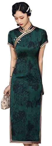 NELLN Cinese Vintage Cheongsam Verde Scuro Migliorato retrò Repubblicano Elegante Abito Lungo Sottile Qipao Abbigliamento Tradizionale for Le Donne (Color : Green, Size : M)