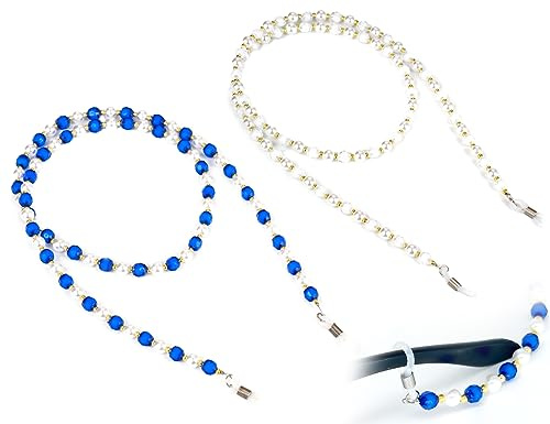 Confezione da 2 Catene per Occhiali da Donna con Perle Artificiali, Collana con Cinturini per Occhiali da Lettura, Collana con Maschera da Donna e Uomo, Elegante Porta Occhiali(Blu e Bianco)
