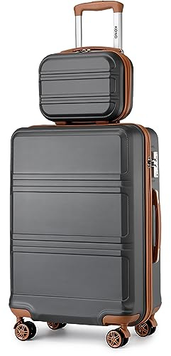 Kono Juegos de Equipaje de 2 Piezas Rigidas Maleta de Cabina con Neceser Trolley de Viaje Equipaje de Mano con 4 Ruedas giratorias y Cerradura TSA (Gris con marrón)