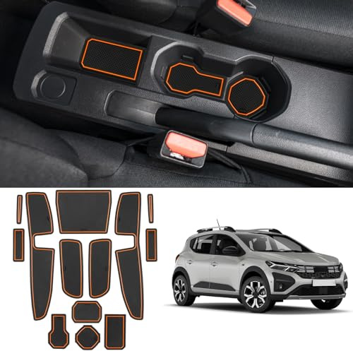 Coleya Antirutschmatten Kompatibel mit Dacia Sandero 3 Sandero Stepway 3 2021-2024, Mittelkonsole Gummimatten Türnaht Matten Getränkehalter Matte, Dacia Sandero Gummi rutschfeste Matten (Orange)