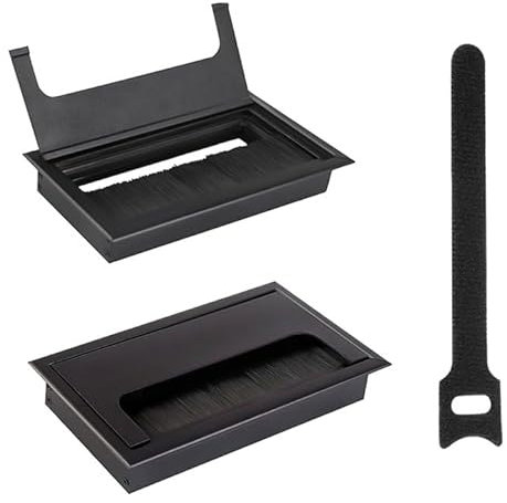 HEKOBAG 2 Stück Kabeldurchführung Schreibtisch Rechteckig Kabeldurchlass 80 x 160 mm Kabeldurchführung mit 20 Stück Klettverschluss, Aluminium Kabeldurchführung für Zuhause, Büro und Schule-Schwarz