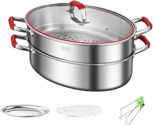 EdirFtra Forma Ovale 38 Cm Pentola A Vapore Pesce, Vaporiera Professionale Acciaio Inossidabile, Multifunzione Strumento da Cucina Universale per Fornelli A Induzione, Fornelli,B