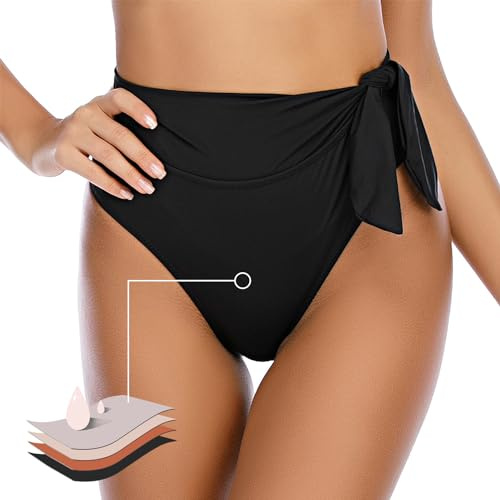 JFAN Women's High Waisted Bikini Bottoms Ruched Tummy Control Swimsuits Adjustable Low-Rise Swim Shorts，Black，L