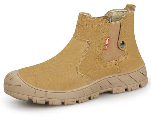 GLANOUDUN Welding Work Boots for Men High top Steel Toe Boots Indestructible Men's Steel Toe Shoes Slip on Construction Shoes Laceless Safety Welder Footwear Brown
