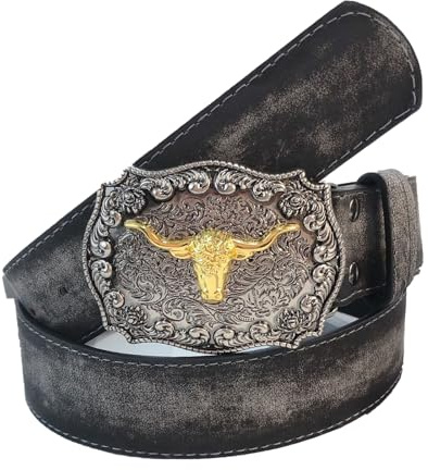 ARROMI Cowboy Belt for Men, Longhorn Bull Floral Engraving Buckle, Cowgirl Outfit (Dark Grey)