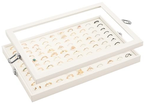 Lolalet Porta Anelli da Cassetto con Coperchio, Espositore Anelli 100 Grids Organizer Gioielli -Beige