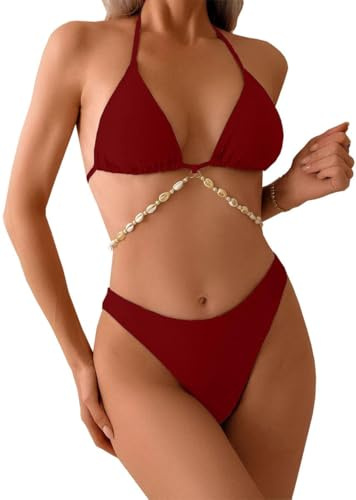 Joligiao Bikini Femme Maillot de Bain 2 Pieces Bandeau Triangle Ensemble Bikini Bikinis Sport Décontracté Classique Mode Swimwear Plage Sexy Style Brésilien Beachwear Été Bikinis à Chaîne Coquillage