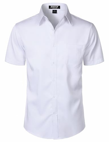 JEMITOP Men's Stretch Slim Fit Dress Shirts Formal Wedding Prom Short Sleeve Button Down Up Shirt with Pocket White L