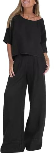 HEONSATI Tuta Donna in Lino Sportiva Leggeri Completi Casual Estiva Oversize Tute T-Shirt e Pantaloni Lunghi Completo Elegante Cotone e Lino Taglie Forti Due Pezzi Mare Tute Cotone Curvy da Spiaggia