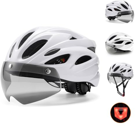 Casco Bici Uomo/Donna con Luce LED – Casco da Ciclismo con Visiera Magnetica Staccabile, Super Leggero e Traspirante – Bianco
