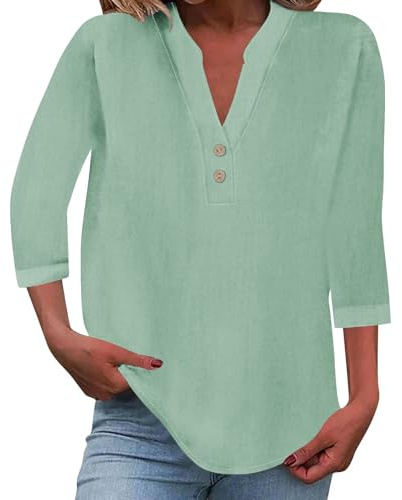 HUIFUAO Tee Shirt Femme Col V Oversize Coton Manche 3/4 Chemise Lin Blouse Chic et élégant Haut D'été Basiques Tunique Tops (Z06 Menthe Verte-Manche 3/4, XXXL) été