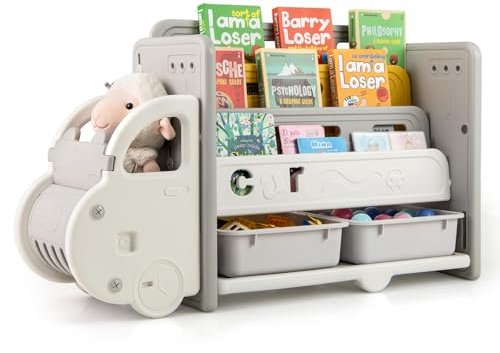 RELAX4LIFE Scaffale Portagiochi Bambini, Libreria a Forma di Auto, Scaffale per Giocattoli con 2 Contenitori Rimovibili, Organizzatore Salvaspazio per Cameretta, Soggiorno