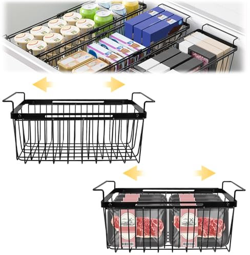 BigKing Lot de 2 organiseurs congélateur pour congélateur extensible, longueur réglable de 39 à 59,5 cm, panier pour congélateur avec poignées, en fil métallique, panier de rangement peu encombrant