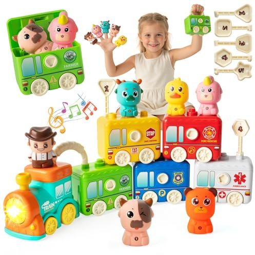 KADAYAYA Montessori - Juguete de 2 años con animales y llaves, juguete de tren para clasificar, asignar, marionetas de dedo, regalo para juguetes infantiles a partir de 2, 3, 4 años