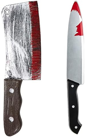 UltraByEasyPeasyStore Ultra Halloween Bloodied Fake Cleaver Fancy Dress Accessory 30cm Long Slasher Prop Knife with Fake Blood Chopping Plastic Novelty (1 Black Knife 1 Cleaver)