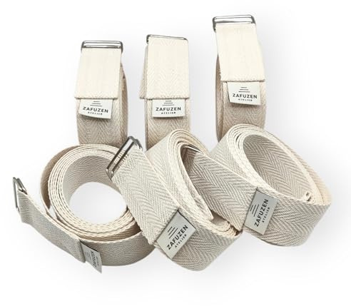 ZAFUZEN Pack 6 Cinghie da Yoga (Cintura Yoga) in Cotone Biologico con Doppia Fibbia Metallica – 250 × 4 cm – Stabili e Resistenti – Prodotte in Spagna
