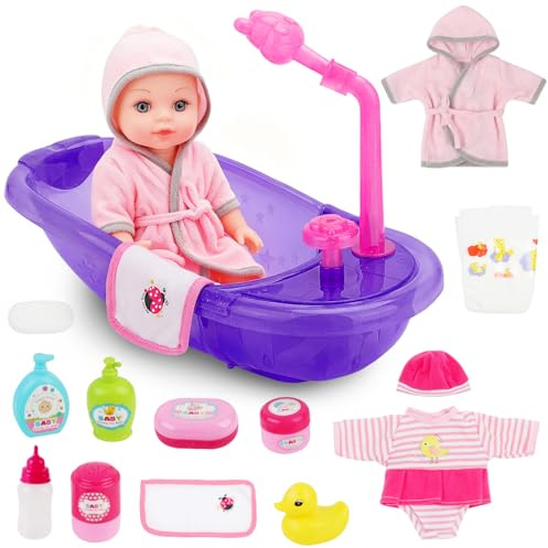 deAO Dockor badkarsset med 30 cm docka och babydockor tillbehör | Baddocka med fungerande duschvattenpump, babydocka lekset, dockleksak rollspel gåva för pojke flicka