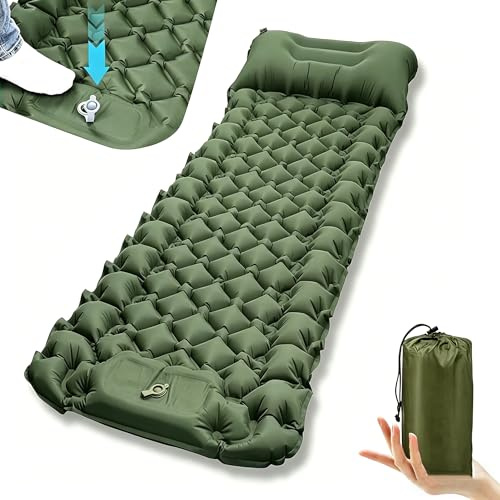 Camping Mat, Ultralight Inflatable Camping Sleeping Pads with Pillow & Foot Pump, Portable Waterproof Self Inflating Camping Mattress Bed for Outdoor Travel, Backpacking, Hiking, Tents (green, Single)