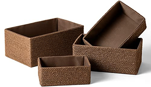 Paper Rope Woven Storage Basket Set of 4 with Fabric Liner, Stackable Multipurpose Organizer Bin, Brown