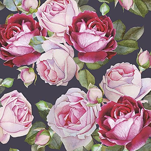 Maki 3-Ply Roses Design Tissue Paper Napkins Serviettes for Decoupage Lunch 33cm x 33cm - Pack of 20 (Rosa Black)