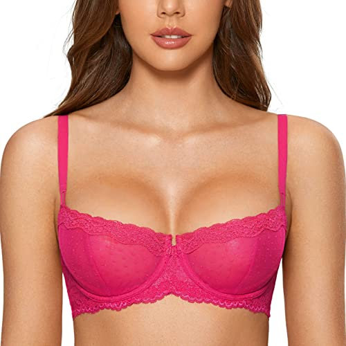 DOBREVA Balconette BH Damen mit Bügel Push Up Dirndl Spitze BHS Sexy Grosse Grössen Ungefüttert Helle Rose 95E